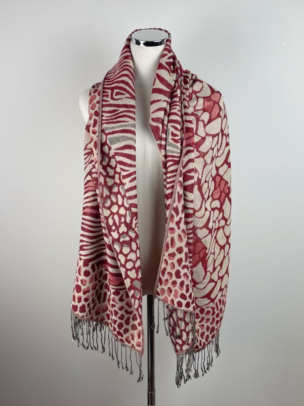 2 Chic Red Gray Cream Leopard Animal Print Zebra Fringe Scarf Wrap Women